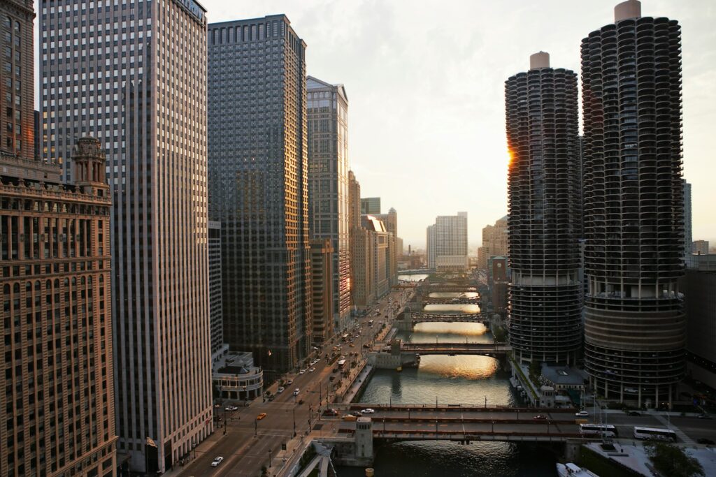 an aerial view of the loop where colleagues can do team building activities in chicago