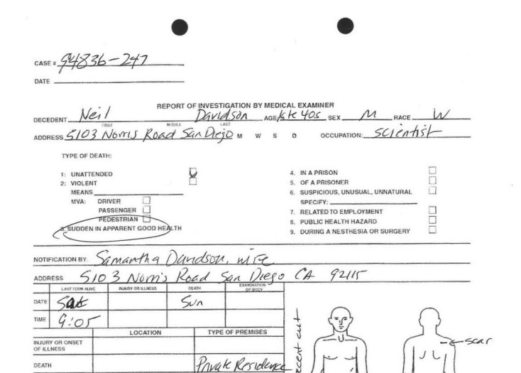 A close up of an autopsy report