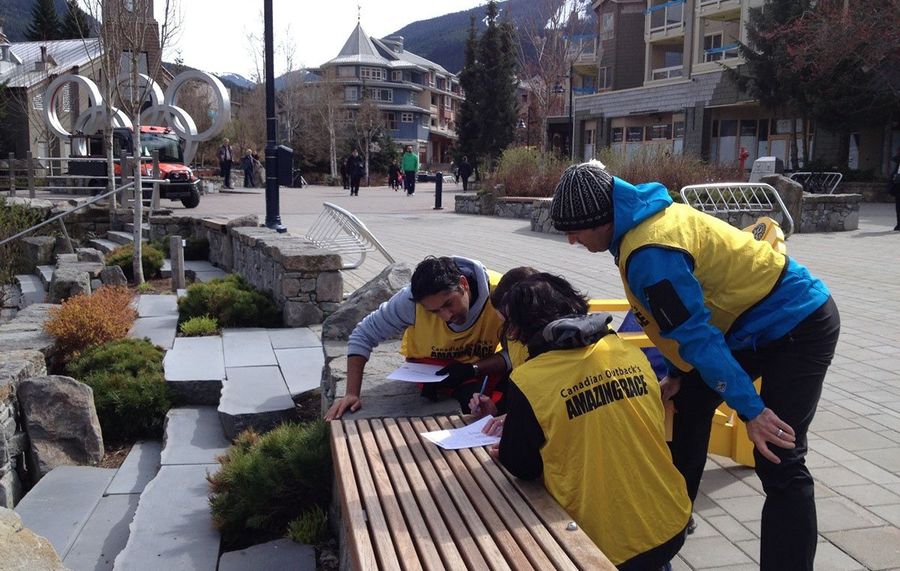 three colleagues grouped together outdoors doing an amazing race team building activity at their company retreat