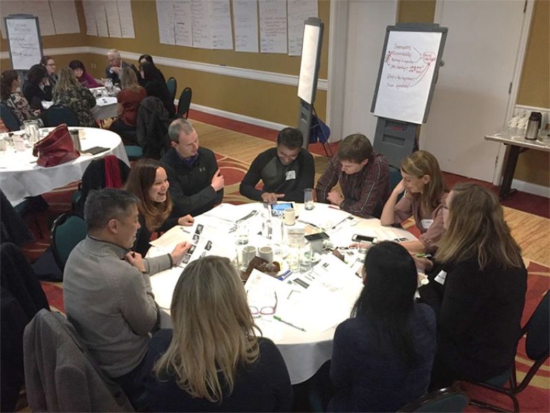nine colleagues sitting around a table doing an emotional intelligence group skills training program