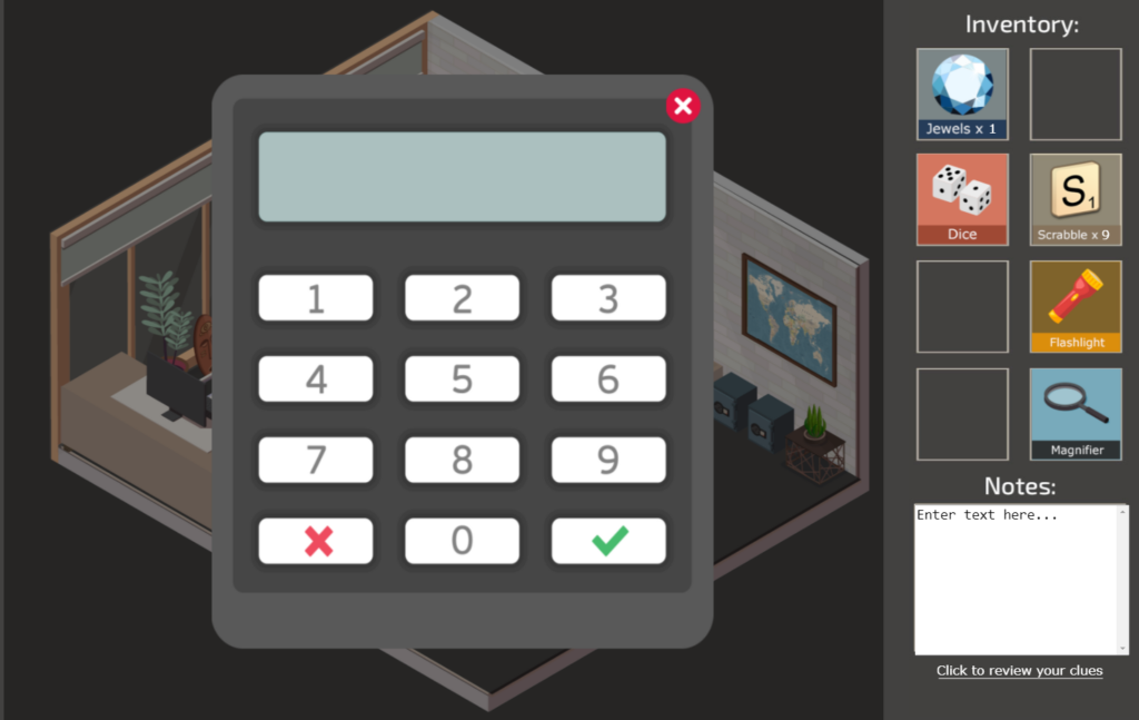 Virtual escape room game, in-game screenshot depicting a calculator