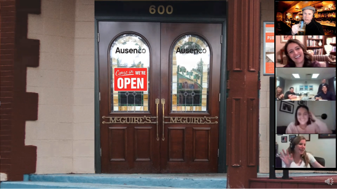 5 people on a zoom call, with a background of a pub's front door